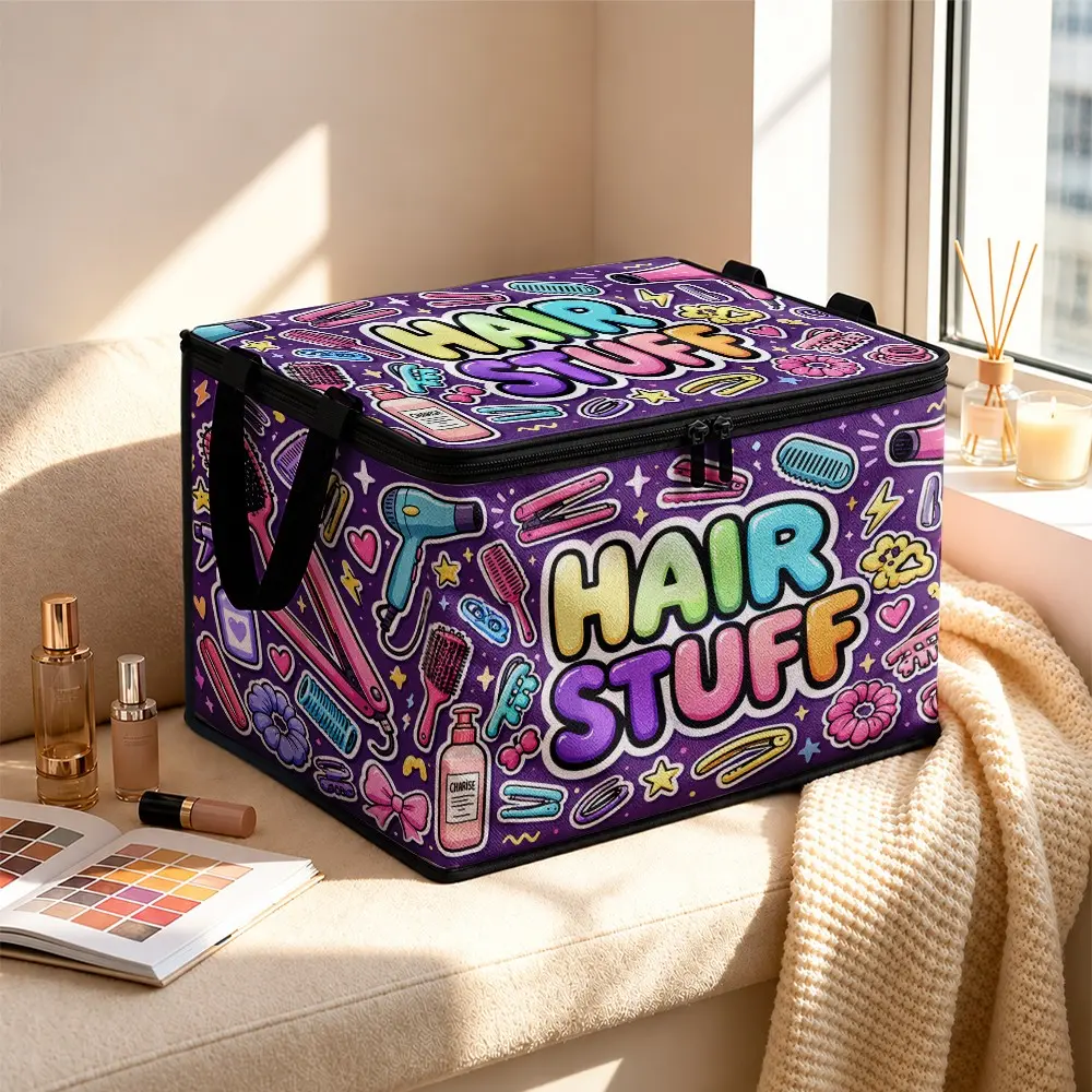 1PC Foldable Storage Bin, Portable Storage Box, American Graffiti "HAIR STUFF" Print, Large capacity with lid & zipper, lightweight portable, Great for bedroom, living room, wardrobe, study & dorm, Holds clothes, shoes, blankets, sundries
