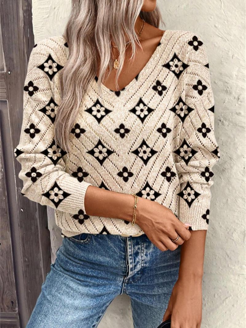 Women's Geometric Print Long Sleeve Knit Top, Casual Elegant Vacation Style Sweater, Loose V Neck, Comfortable Warm, Fall Winter