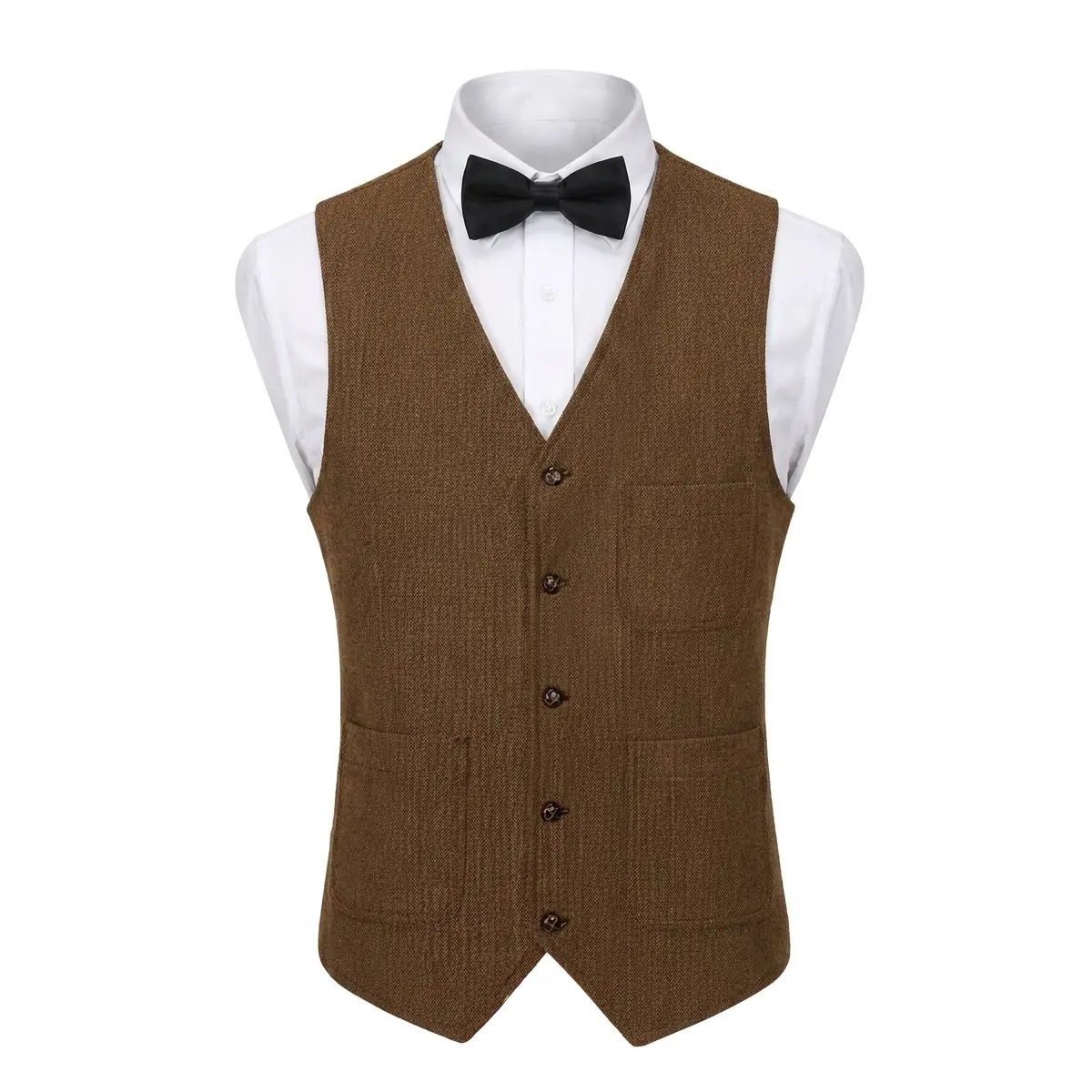 Men's Vintage V-Neck Tweed Suit Vest - Casual Wool Waistcoat for Weddings Groomsmen & Daily Menswear Tops Wetsuit Beige Brown Plain Sleeveless Vneck