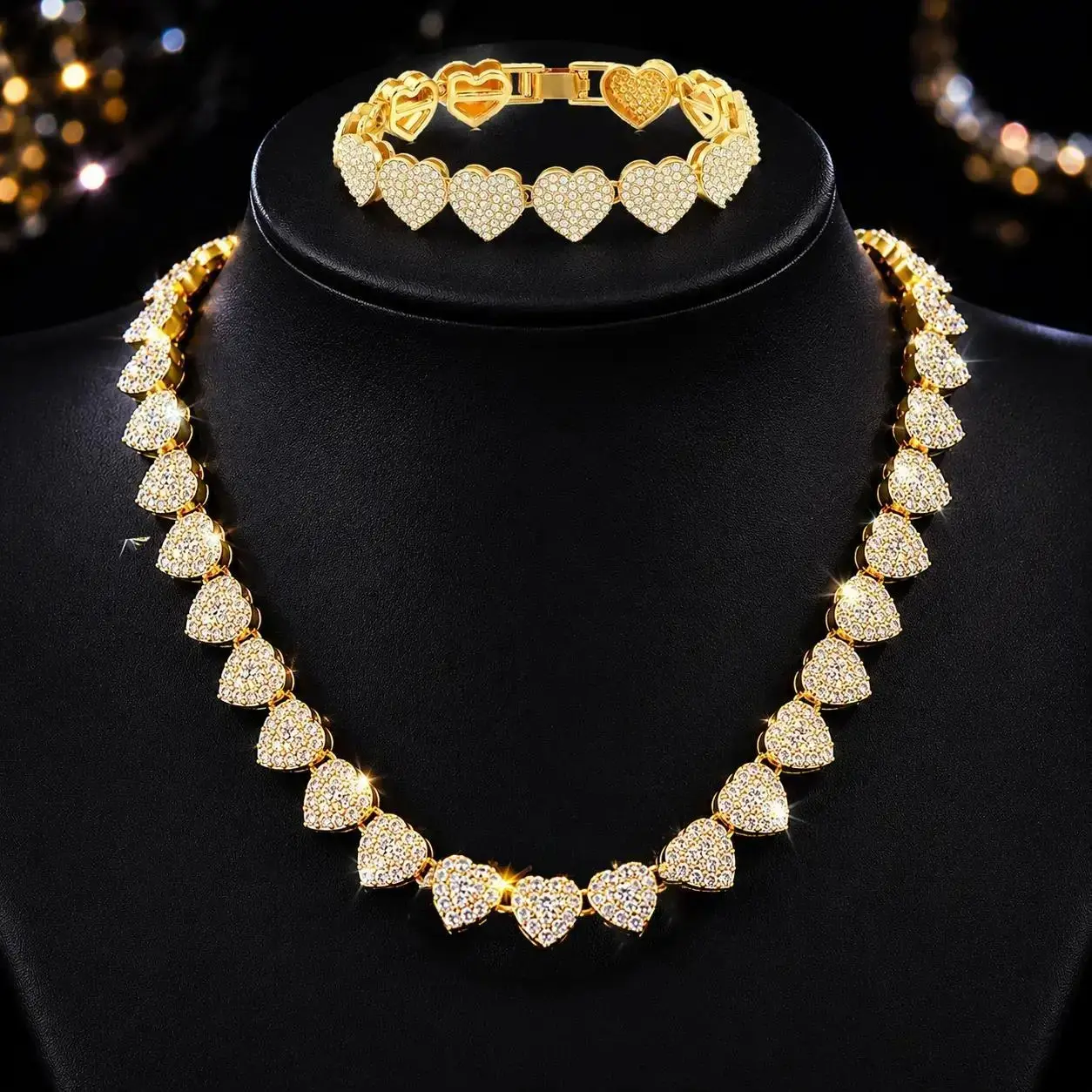 2-Pack Heart Rhinestone Necklace and Bracelet Set for Women, Sparkling Gold Tone Jewelry Set with Crystal Heart Charms, Statement Necklace Bracelet Gift Set for Party, Date Night, Birthday, Valentine’s Day and Special Occasion Outfits