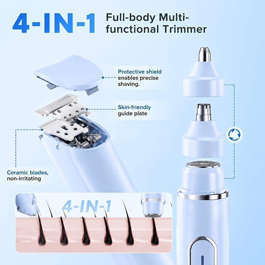 4 in 1 multifunctional ladies  shaver, Trimmer Multigroomer, USB rechargeable, with a long battery life of 90 minutes, ideal for bikini line grooming, nose hair removal, leg shaving and full-body shaving   the perfect gift for women