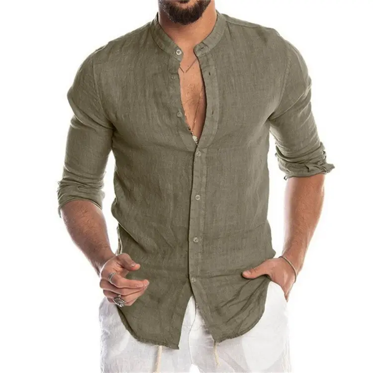 Men Solid Color Linen Stand Up Collar Long Sleeved Loose Fit Button Front Shirt Lightweight Breathable Casual Cardigan Style Blouse Soft Relaxed Daily Top