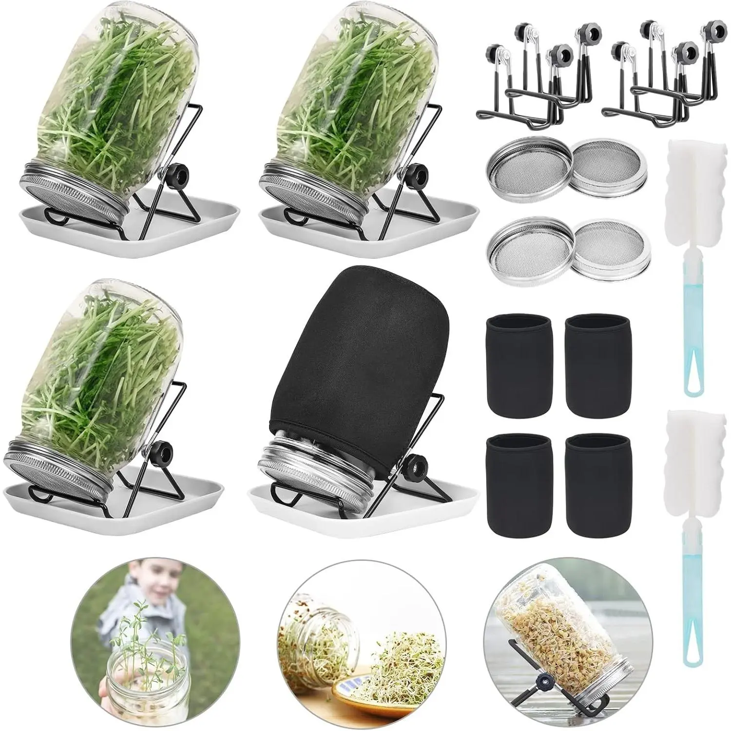 4 Sprouting Jar Kit, Wide Mouth Quart Mason Jars with Stainless Steel Screen Sprout Lids, 86mm 1000ml, Seed Sprouter Set with Stand, Tray and Canning Brush for Growing Broccoli, Alfalfa