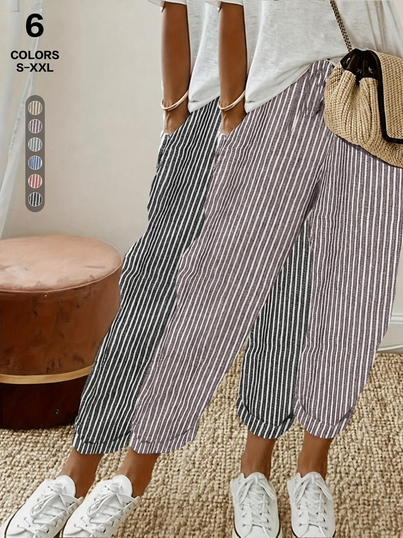 Women 2026 New Arrival Vertical Striped Linen Blend Cropped Pants, High Waist Drawstring Cuffed Casual Capri Trousers with Pocket, Summer Loose Fit Beach Everyday Jogger Pants, All Season, Casual Style Bottoms