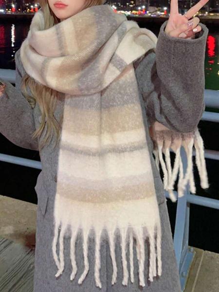 Women's Striped Cashmere Scarf, Soft Warm Woven Fabric, Casual Style, Perfect for Fall & Winter, Daily Wear, Travel Gift, Tassel Decor Shawl