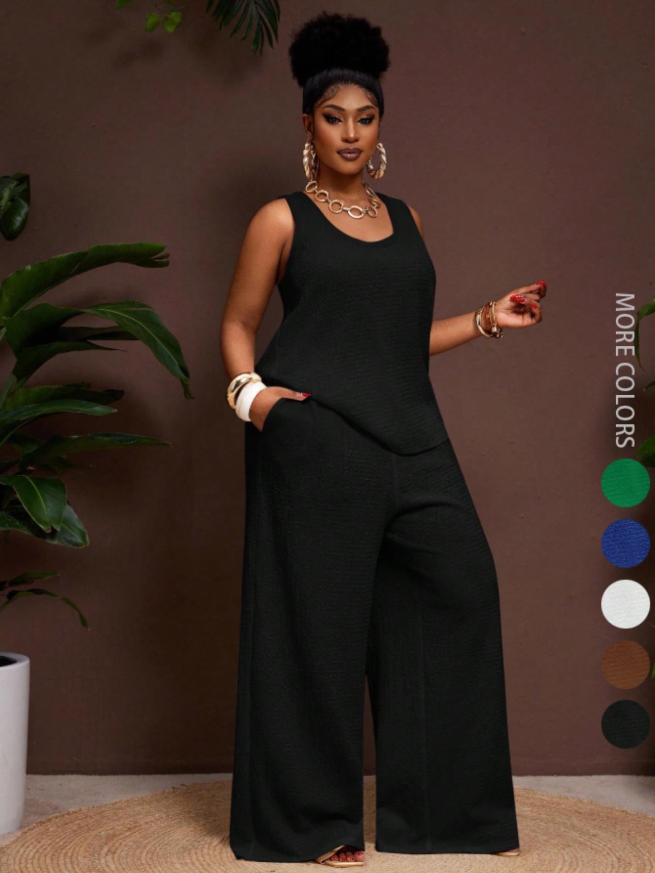 Women's Plus Size Womenswear Fashion Business Casual Vacation 2-Piece Set, Comfortable U-Neck Sleeveless Top with Pockets, Loose Fit Wide Leg Pants Clothes