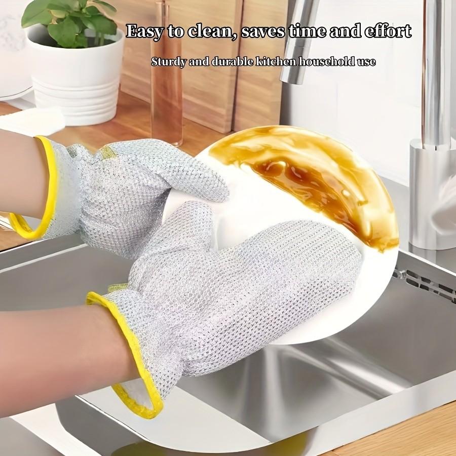 Thick Silver Wire Dishwashing Gloves, Multi-Functional Heat Resistant, Waterproof Bowl Brush, Non-Stick Oil Kitchen Cleaning Gloves