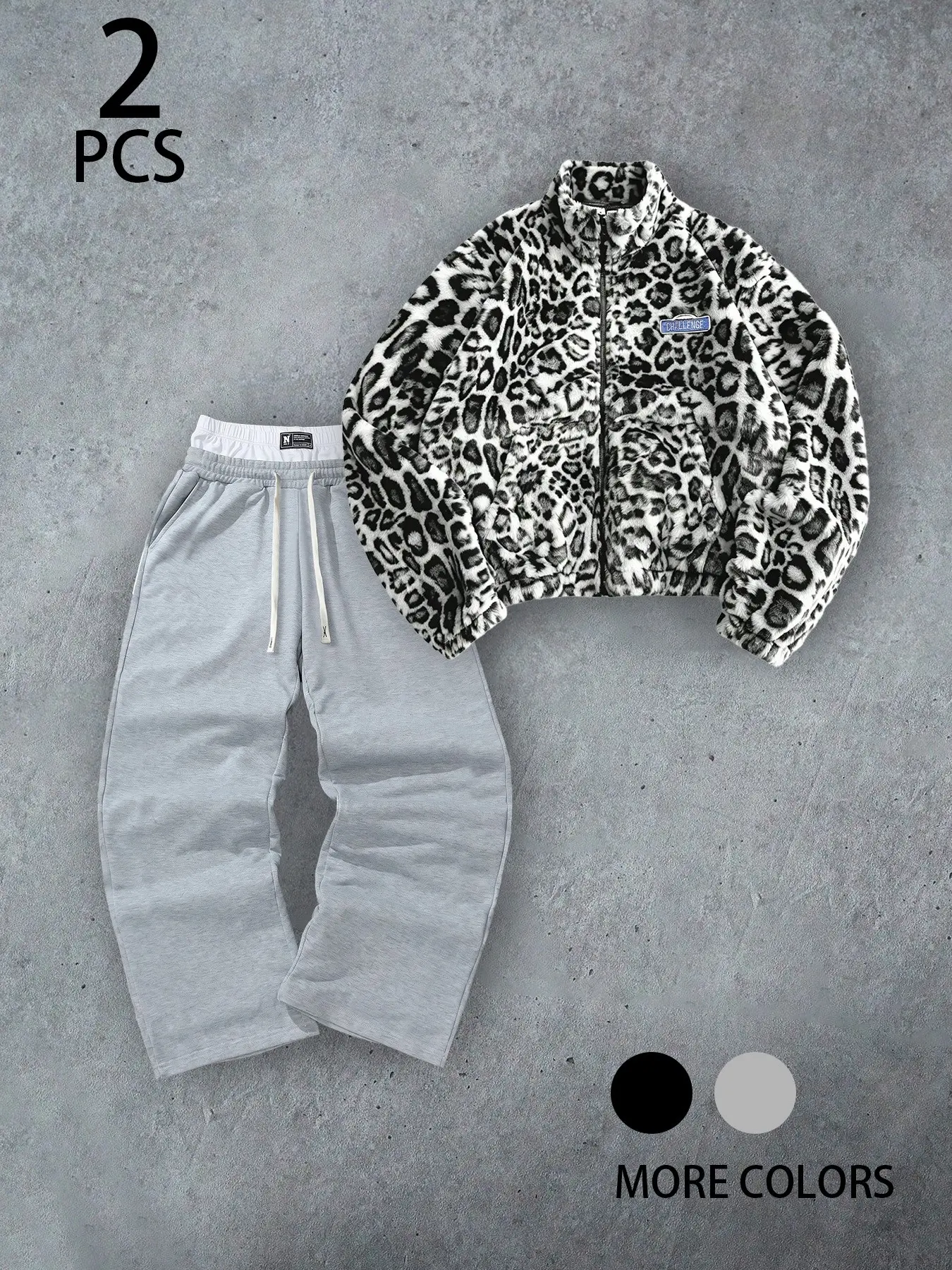Grunge Retro Leopard Print Plush Sherpa Zip Up Cropped Jacket & Drawstring Wide Leg Pants Two Piece Set Warm Soft Fleece Matching Tracksuit Gen Z Street Style City Walk Festival Casual Outfit
