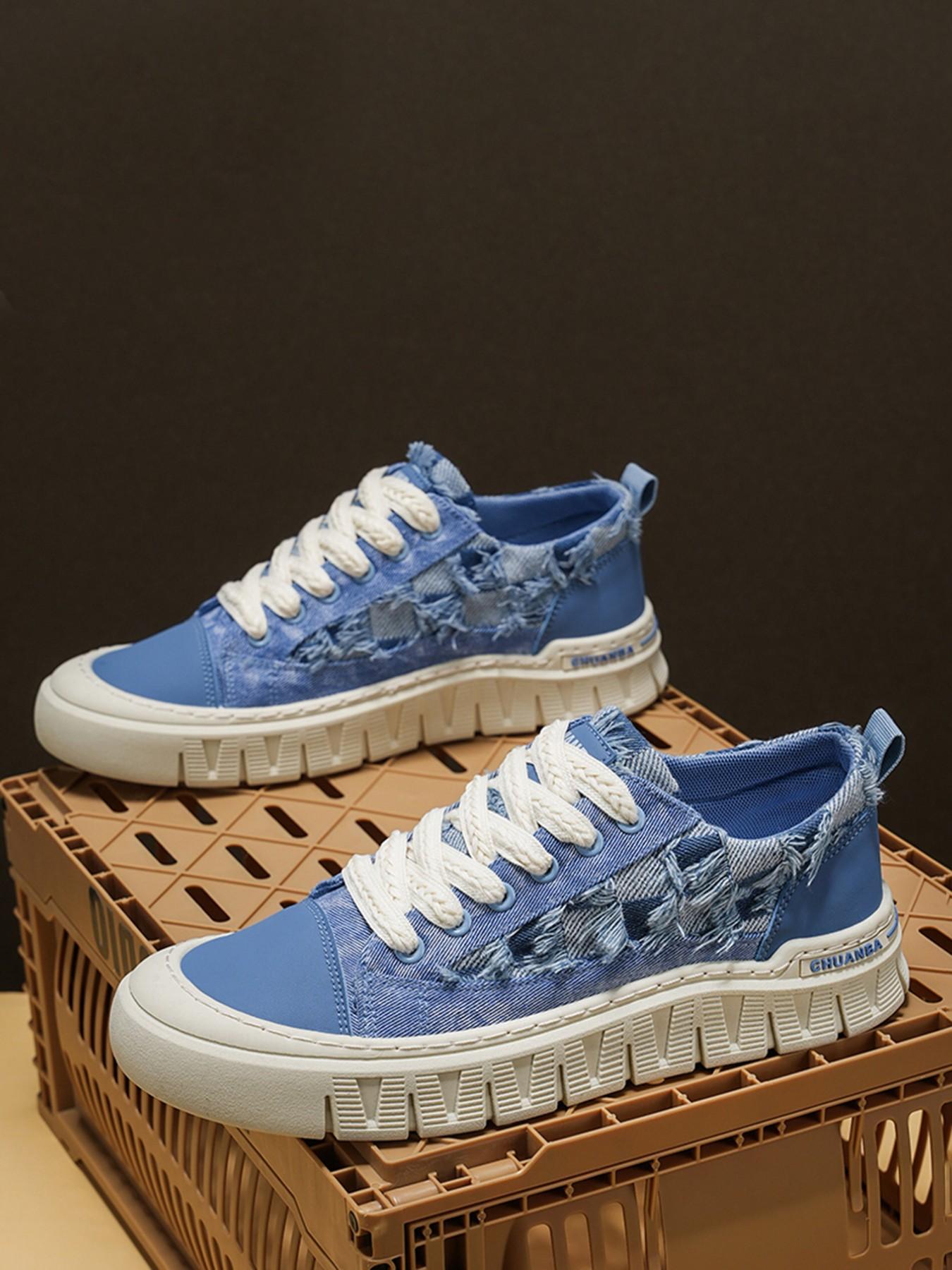 2026 Spring Summer New Denim Edge Thick Sole Sneakers, Vintage Washed Fringe Design, Hemp Rope Laces, Casual Canvas Shoes