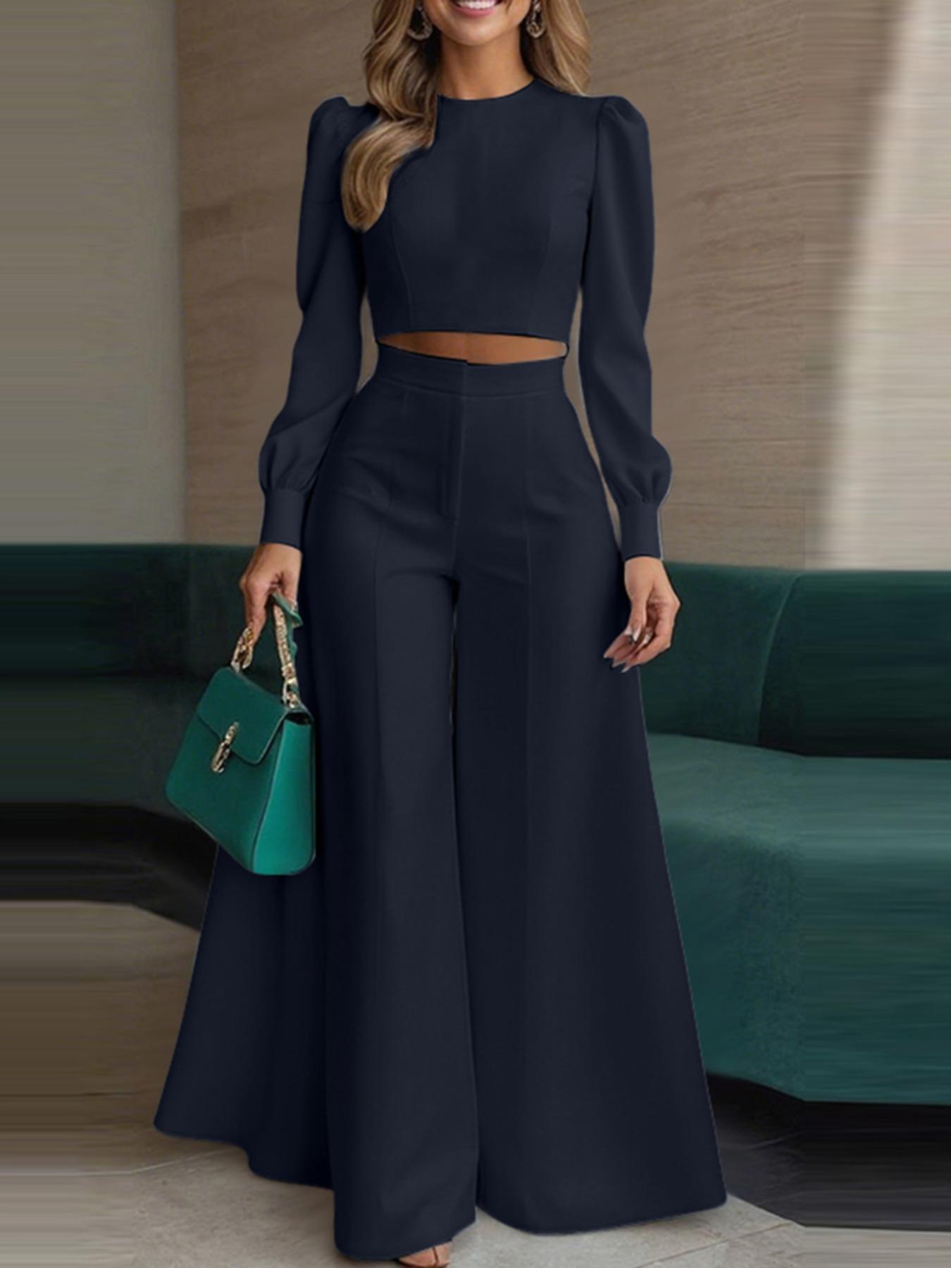 Women's Casual Two-Piece Set, Round Neck Long Sleeve Top & High Waist Wide Leg Pants, Office Style for Daily Wear