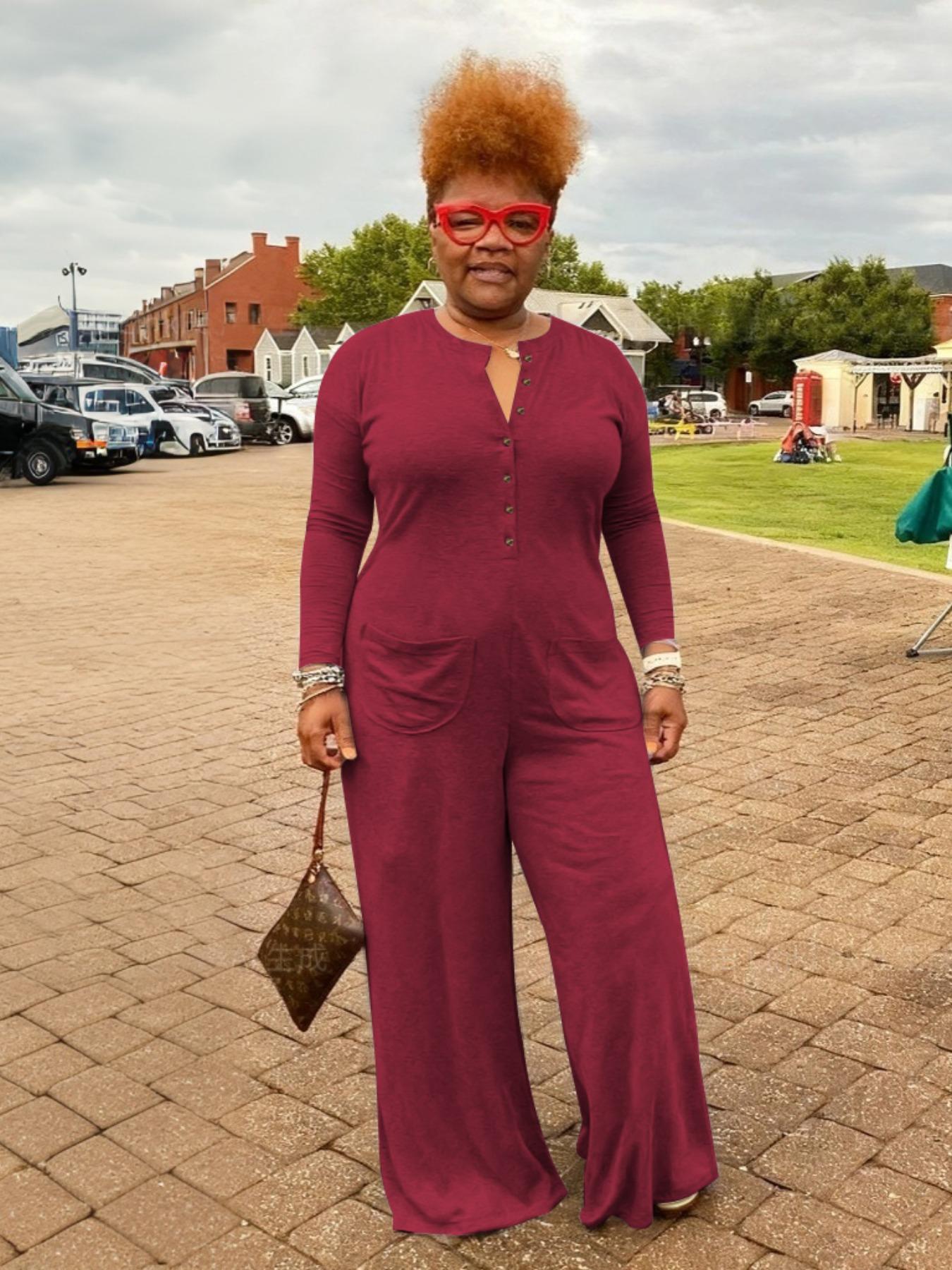 [Plus Size] Solid Pocket Button Front Wide Leg Jumpsuit, Casual Long Sleeve Round Neck Jumpsuit for Daily Wear, Women's Clothes for Fall & Winter, Womenswear