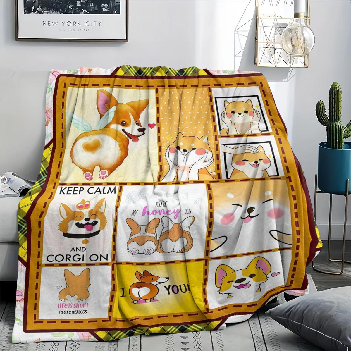 Cute Corgi Patchwork Flannel Blanket, Multifunctional Camping Travel Throw, Room Decoration Blanket, All Seasons Gift Blanket