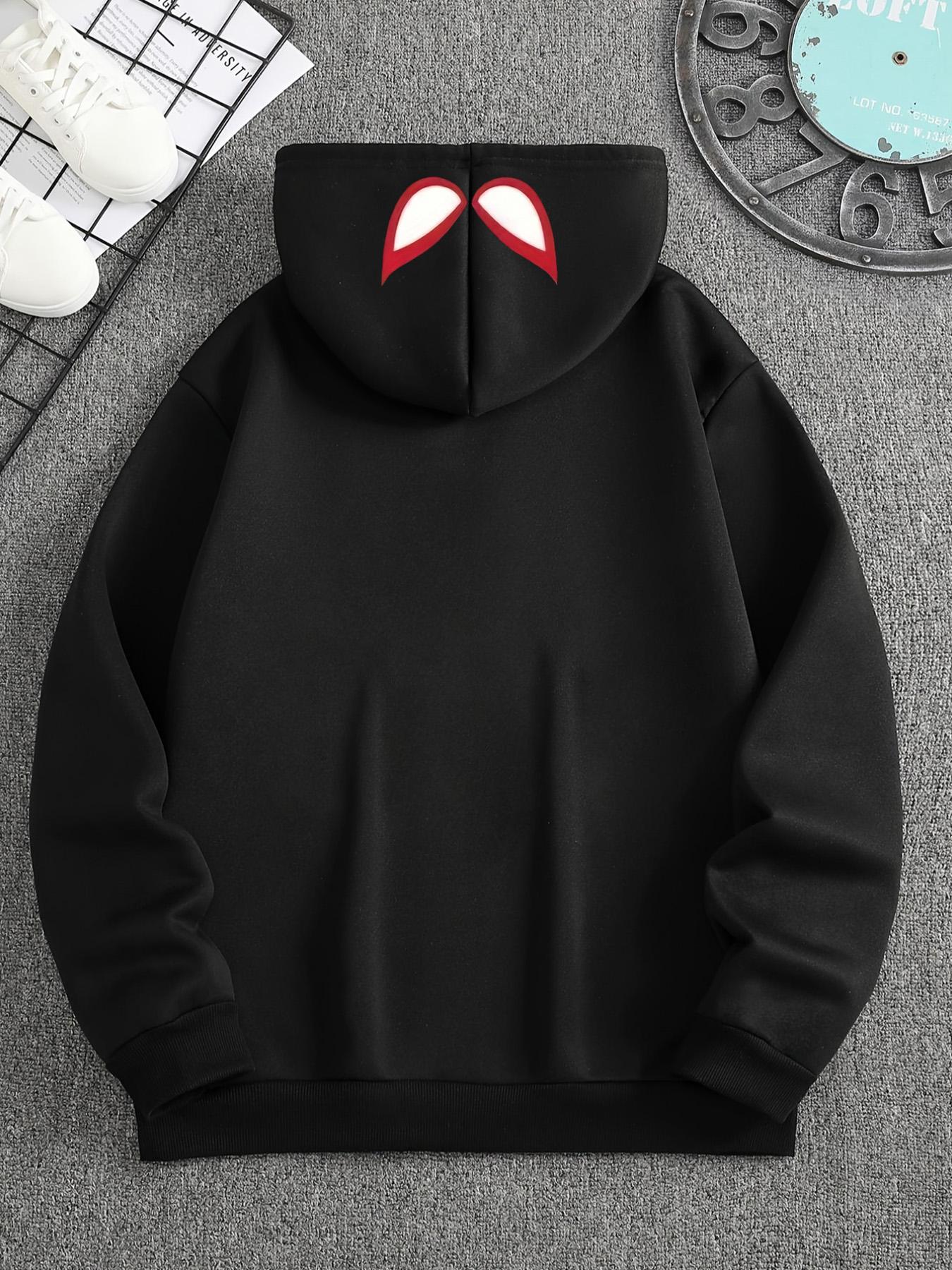 Men's Black Spider-Man Graphic Hoodie with 3D Red Spider Logo and Web Design, Soft Fleece Pullover for Superhero Fans and Casual Streetwear