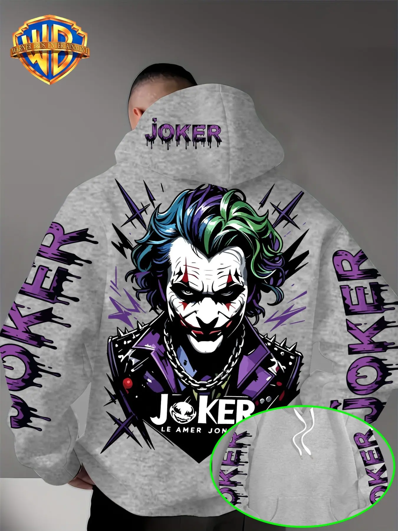 Wb Warner Bros. Men's Joker Portrait Graphic Hoodie, Pullover Sweatshirt, Punk Joker Back Print, Casual Streetwear, for Festive Halloween Party