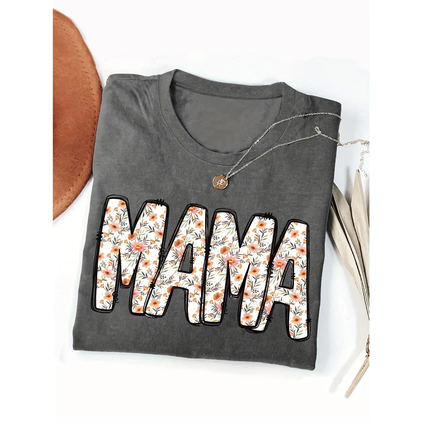 Floral MAMA Letter Graphic T‑Shirt, Oversized Comfort Cotton Short Sleeve Top, Cute Fashion Printed Craft Tee, Mother Casual Outfit, Best Mother’s Day & Valentine’s Day Gift for Mom Family Beloved Ones, Warm Holiday Present for Her