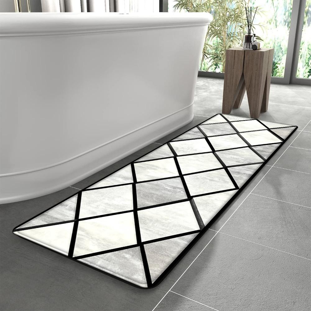 1PC， Black and White Diamond Geometric Pattern strip rugs, home décor, bathroom mats, entryway mats, bathroom non-slip mats, indoor entrance rugs, bedroom bedside mats, kitchen mats, hallway rugs, flannel sponge rugs, hallway runner rugs