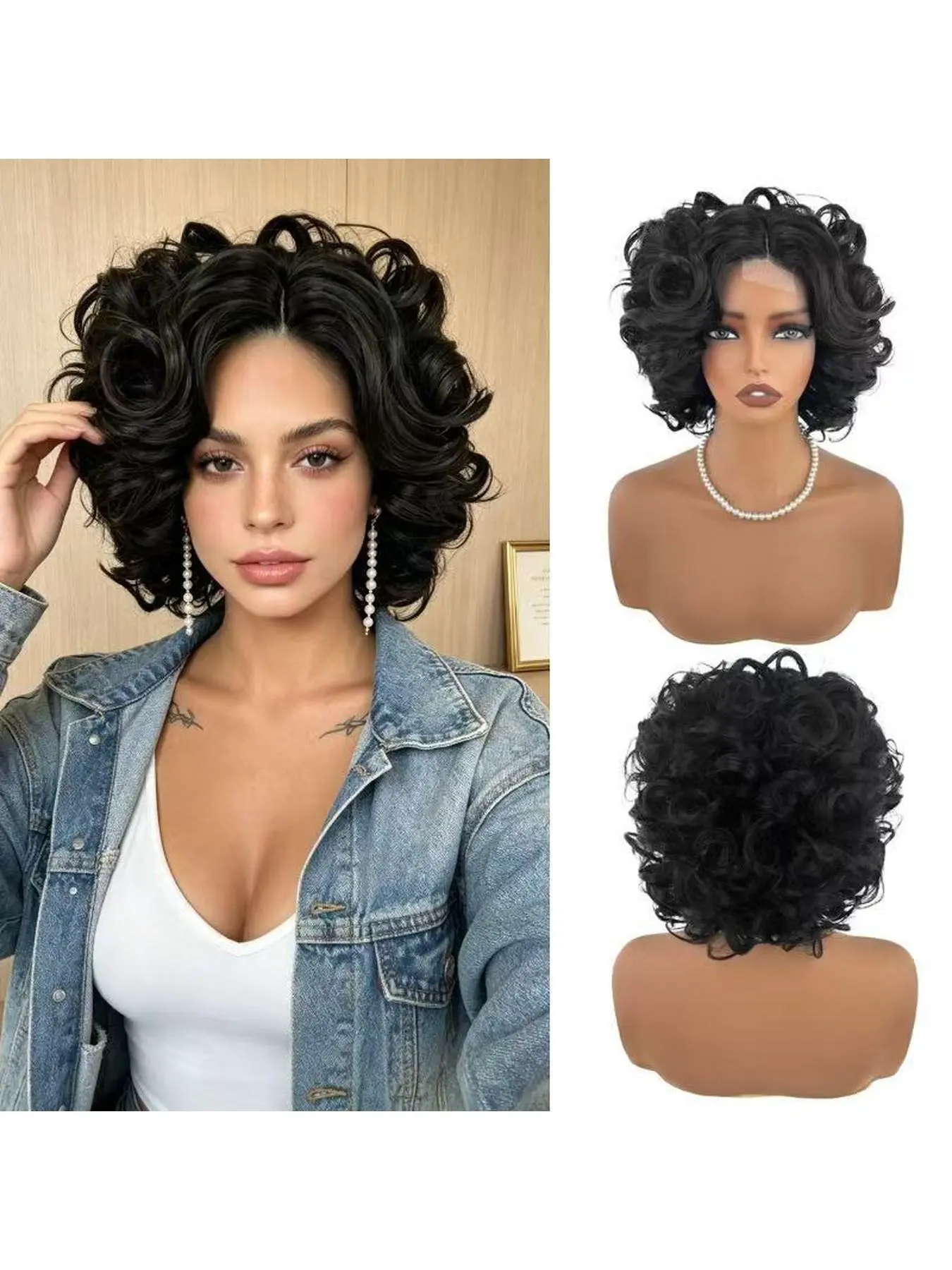 Middle-Part Short Water-Wave Big Curly Wig for Women, Black Front Lace Heat-Resistant Synthetic Full Wig. Fluffy & Breathable, Easy to Style, Retro and Elegant. Great for Daily Commute, Photos and Shooting, Stunning Camera-Ready Look.