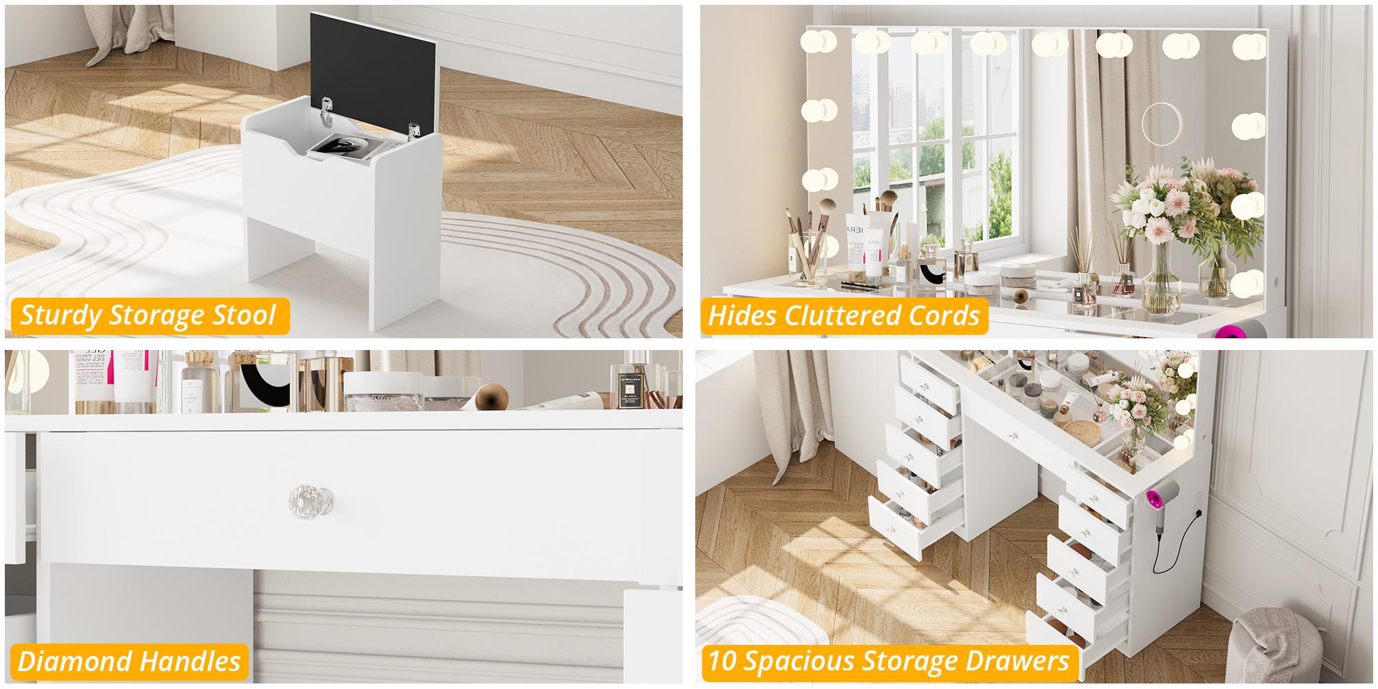 VOWNER Vanity with 10×Magnifying Mirror, With Glass Top&Power Outlet, 3 Color Light Options, 43" Vanity Table with 11 Drawers&Stool, Bedroom, White