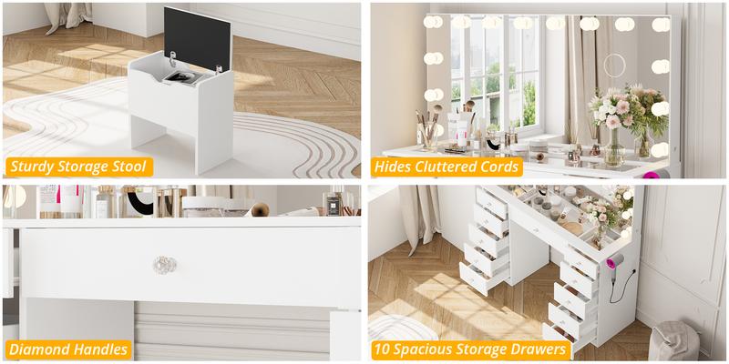 VOWNER Vanity with 10×Magnifying Mirror, With Glass Top&Power Outlet, 3 Color Light Options, 43" Vanity Table with 11 Drawers&Stool, Bedroom, White