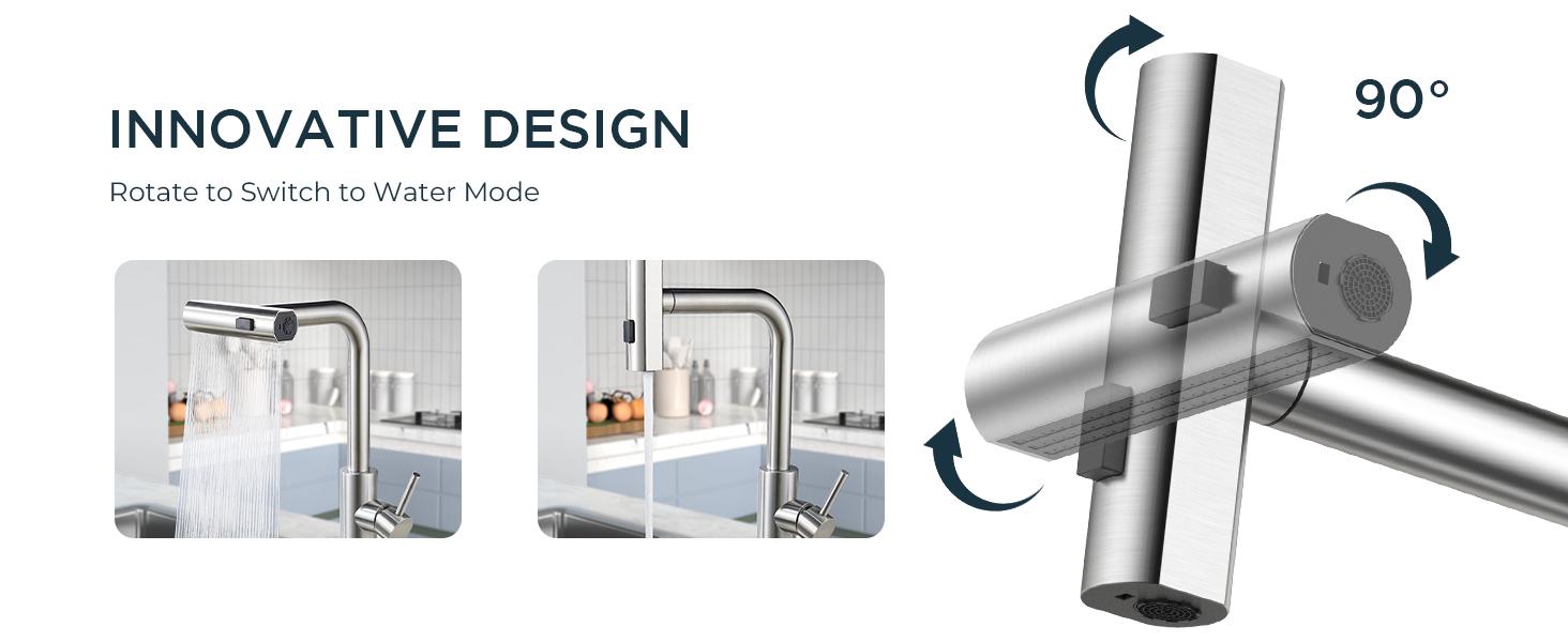 FORIOUS Waterfall Kitchen Faucet with Pull Down Sprayer Stainless Steel Kitchen Faucets with 3 Modes 90° Rotating to Switch Mode SUS304 Sink Faucet