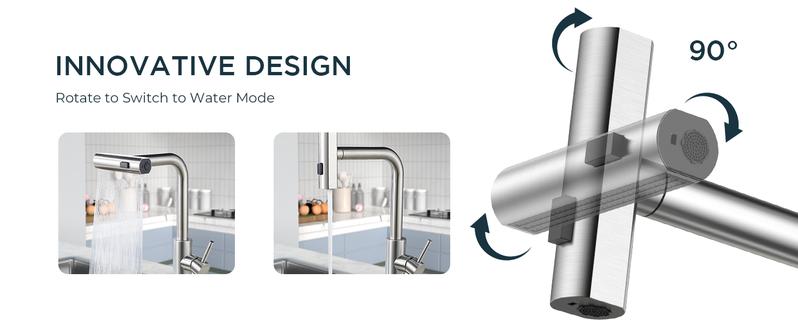 FORIOUS Waterfall Kitchen Faucet with Pull Down Sprayer Stainless Steel Kitchen Faucets with 3 Modes 90° Rotating to Switch Mode SUS304 Sink Faucet