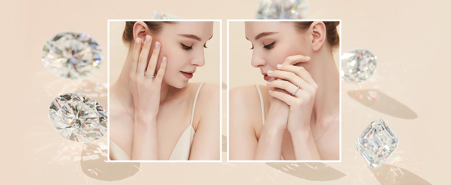 S925 Sterling Silver Wedding Band for Women Cubic Zirconia Milgrain Marquise & Round Half Eternity Stackable Ring Silver Size 5-10