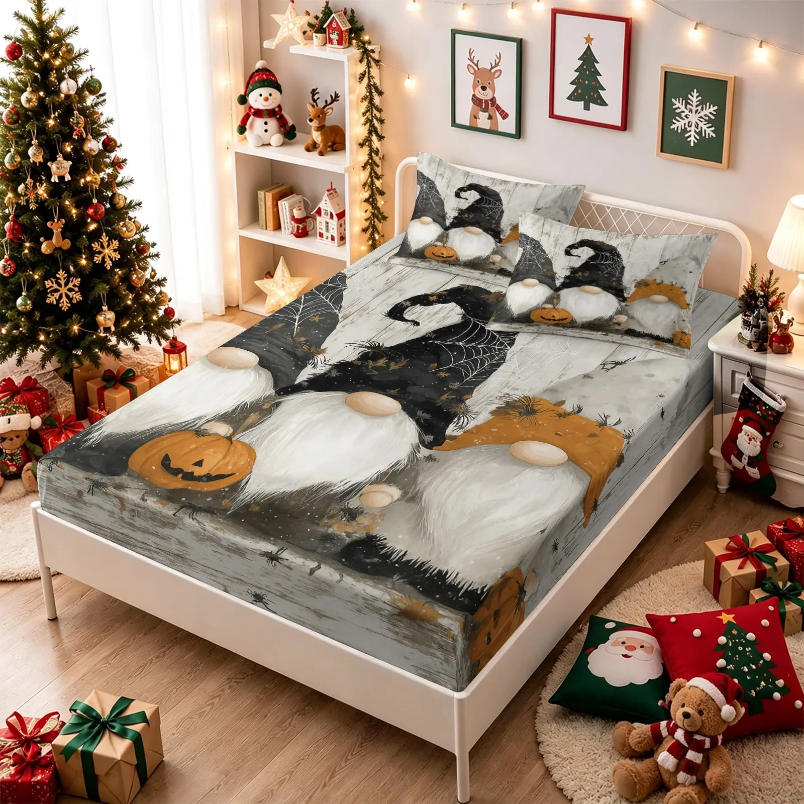 3PCS Christmas Theme Halloween Gnome Pumpkin Spider Pattern Fitted Sheet Set (1 Fitted Sheet+2 Pillowcases), Ultra Soft Breathable Skin Friendly Fabric, Stretch Deep Pocket, Vivid HD Digital Print, Bedroom Decor Accessories, Festive Room Decor