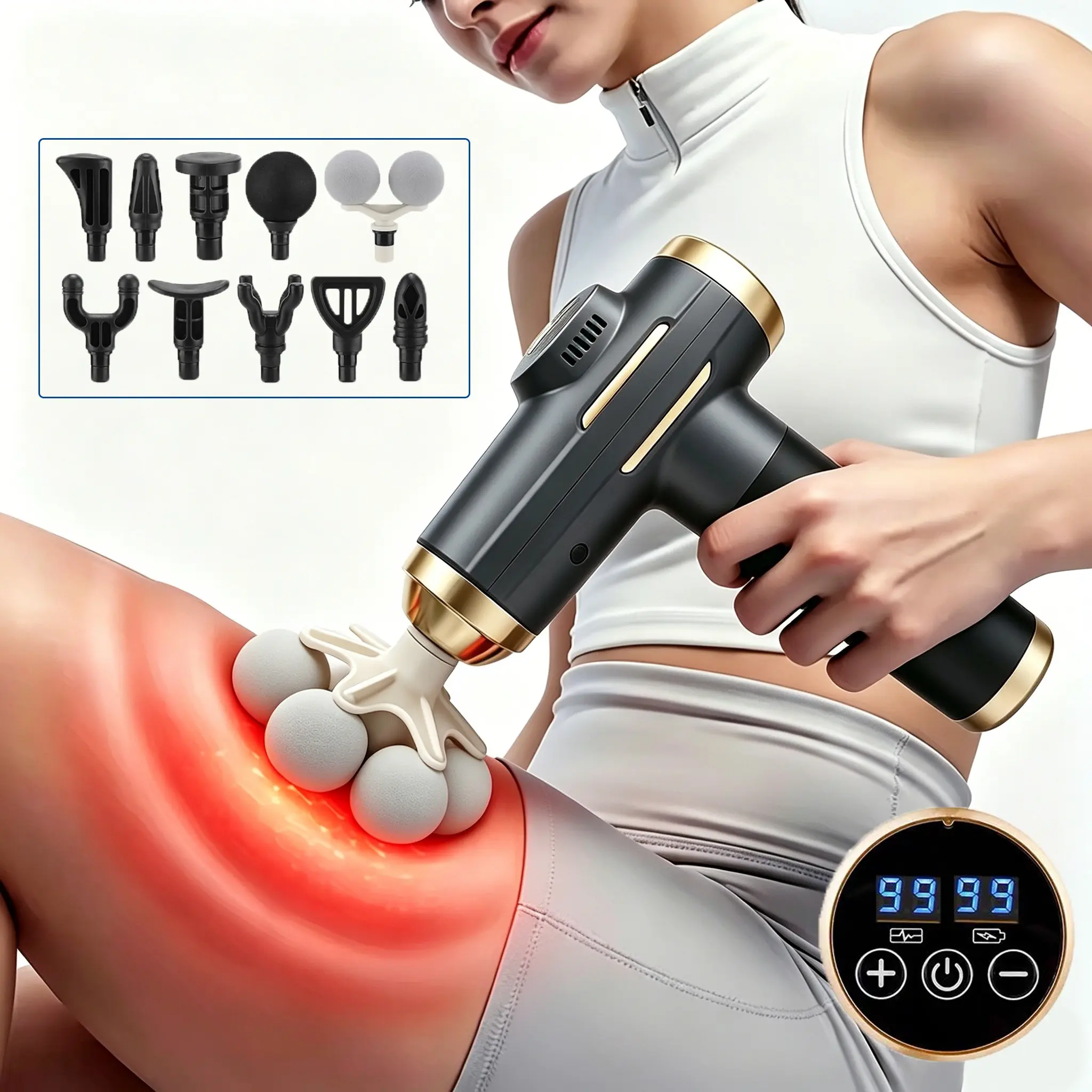 99 Levels Percussion Massager with 11 Replacement Heads, Handheld Deep Tissue Muscle Massager, Portable Fascia Massager Electric Fitness Equipment for Neck Shoulder Relaxer Abdomen Waist Legs Full Body Muscle Relaxation, Body Care Machine