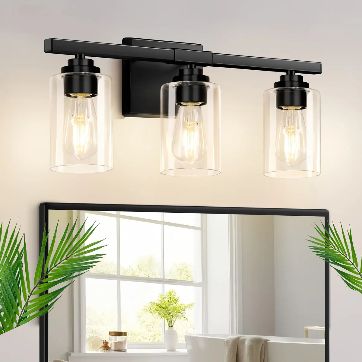 3/4-Light Bathroom Vanity Light Fixture, Modern Matte Black Wall Sconce with Clear Glass Shades, E26 Base Hardwired Mirror Lighting for Bathroom, Bedroom, Living Room, Hallway & Home Decor, Bulbs Not Included