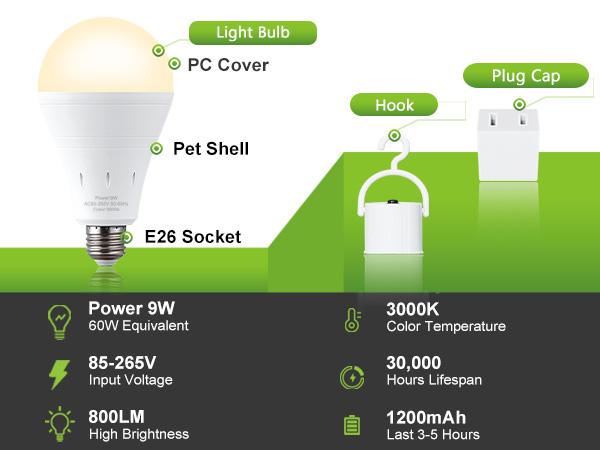 DEBAOBULB 3000K Warm Light E26 120V 9W Rechargeable Battery Operated Emergency LED Lamp Multifunctional Hook Included Home Energy Saving Lighting