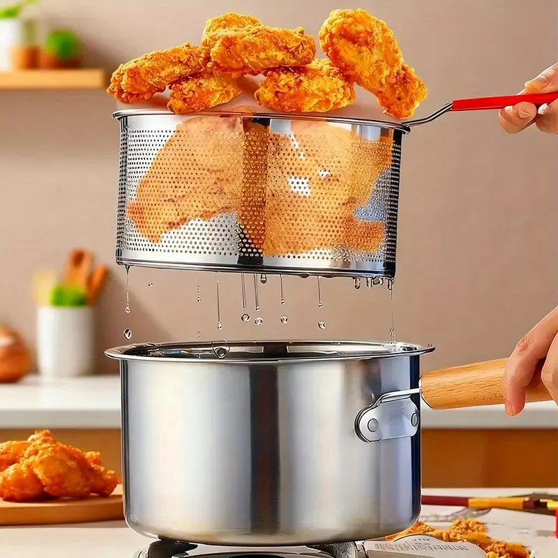 304 Stainless Steel Deep Fryer Pot with Basket and Handle - Japanese Tempura Frying Pan for Fish, Shrimp, Chicken and French Fries, Silver