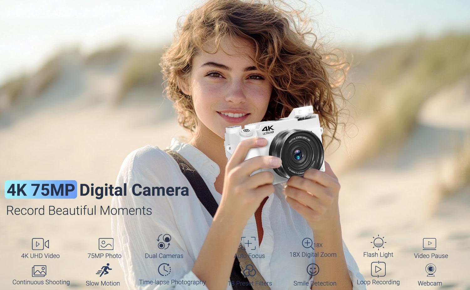 4K Digital Camera, 75MP Dual Cameras for Photography, 18X Digital Zoom Video Vlogging Camera, Autofocus Point Shoot Cameras, Compact Travel Camera with 3.0" Screen, 32GB Memory Card, 1 Battery, 1 Tripod, Perfect for Photography Beginner