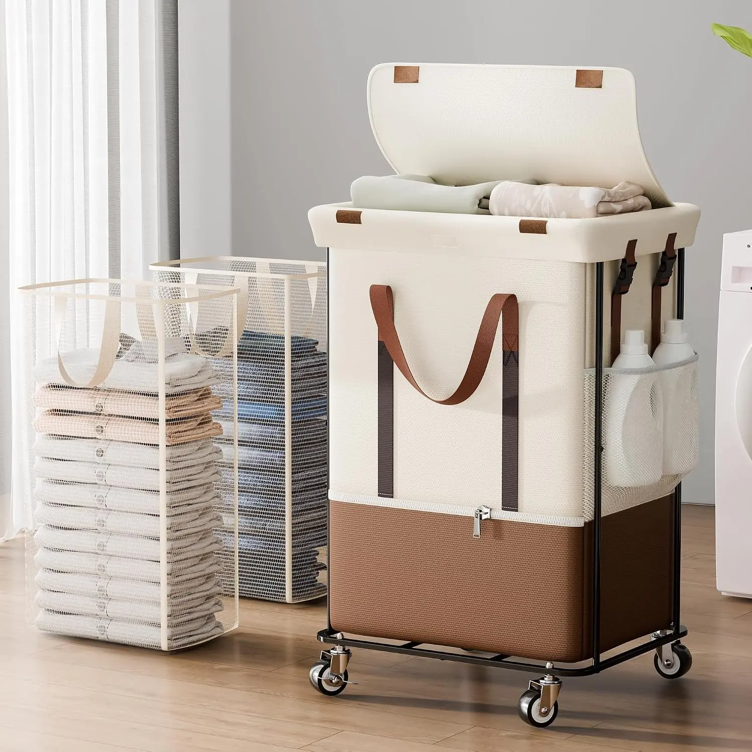Double Laundry Hamper with Lid, Rolling Laundry Basket with Wheels, 2 Removable 75L Bags, 2 Section Large Capacity, Easy Move & Organize, 150L White