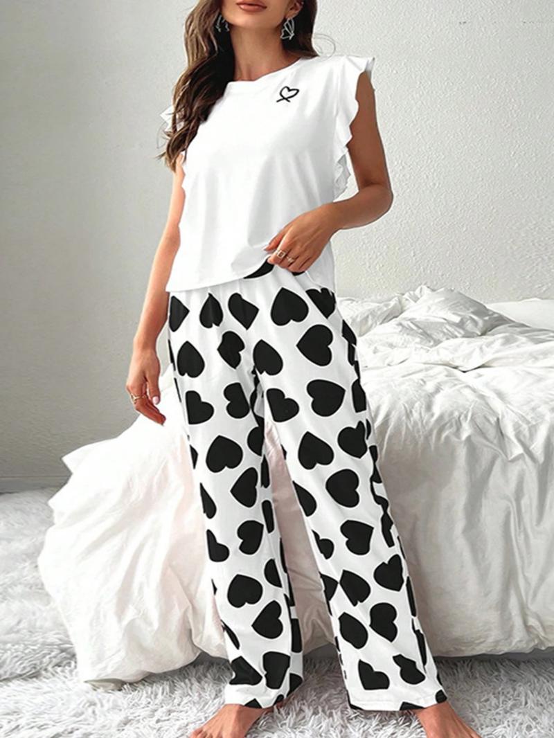 Two-Piece Set Women's Heart Print Round Neck Ruffled Sleeve Tee & Elastic Waist Pants Pajama Set, Regular Fit Casual Comfy Crew Neck Top & Trousers PJ Set, Ladies Summer Sleepwear