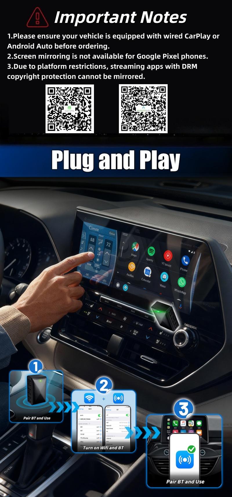 Wireless CarPlay Adapter for iPhone/Android, Converts Wired CarPlay to Wireless, Plug and Play, Fast and Stable Connection, Bluetooth Car Adapter, Electronic Charger, Car Accessories