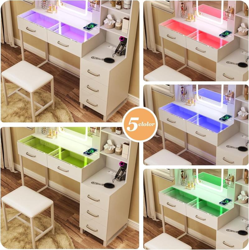 Vanity Desk with Mirror and LED Lights, 43" Makeup Vanity with Glass Top & Wireless Charging, Vanity with RGB Drawers, 3 Colors Light, Power Outlet Safety Switch for Bedroom, White Vanity Desk with Mirror and LED Lights, 43" Makeup Vanity with Glass Top & Wireless Charging, Vanity with RGB Drawers, 3 Colors Light, Power Outlet Safety Switch for Bedroom, White