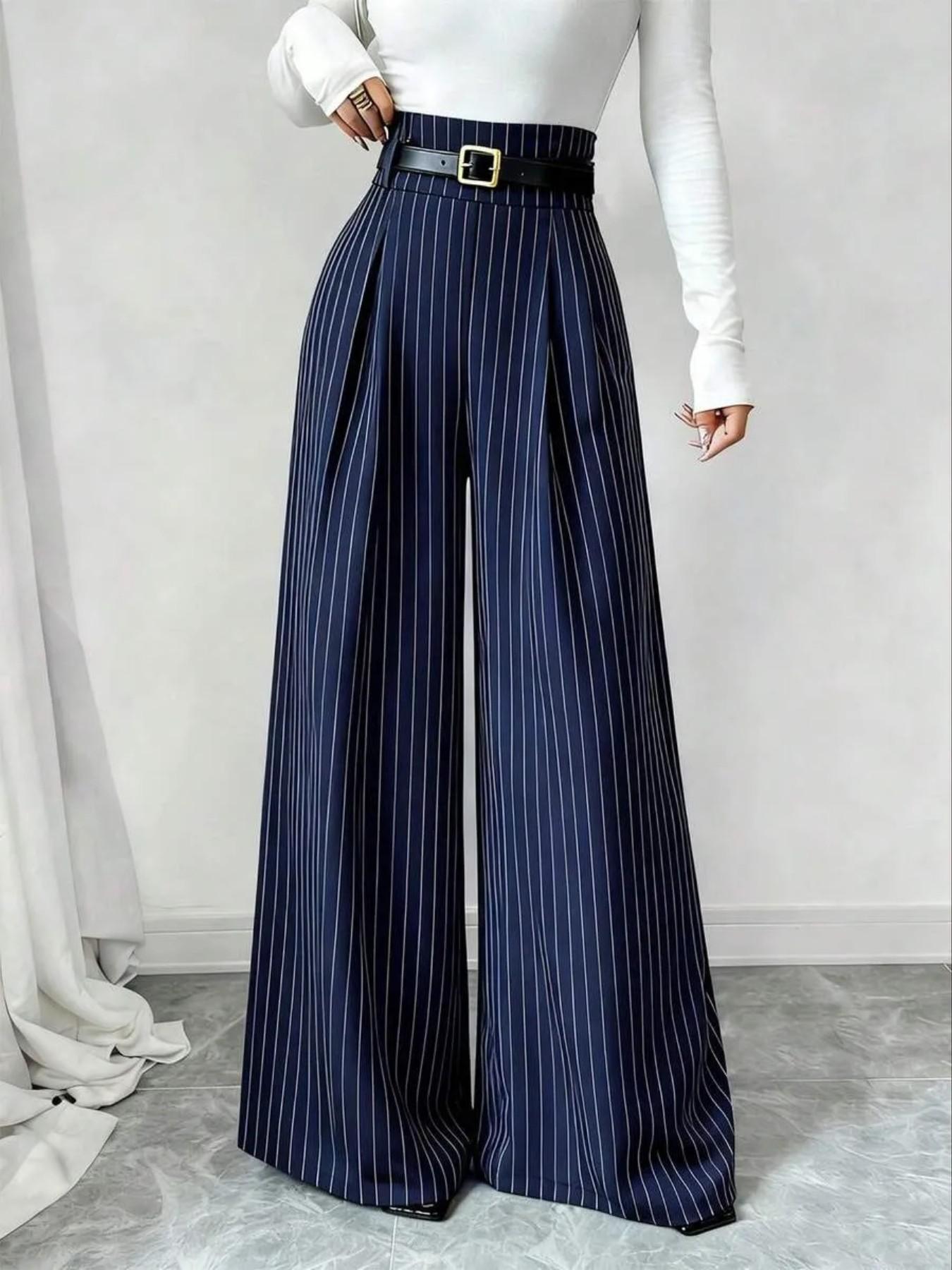 Women's Striped Wide Leg Straight Leg Suit Pants, Elegant Fashion Casual Trousers, Suitable for Office and Business, All Seasons