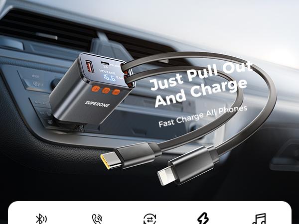 SUPERONE Bluetooth 5.3 Car Adapter with Retractable Charger FM Transmitter Radio Receiver Handsfree Calling USB Charging Cable Sound Quality CVC Technology 12-24V Powerhouse TikTokShopHolidayHaul plug Audio Compact Chargeable