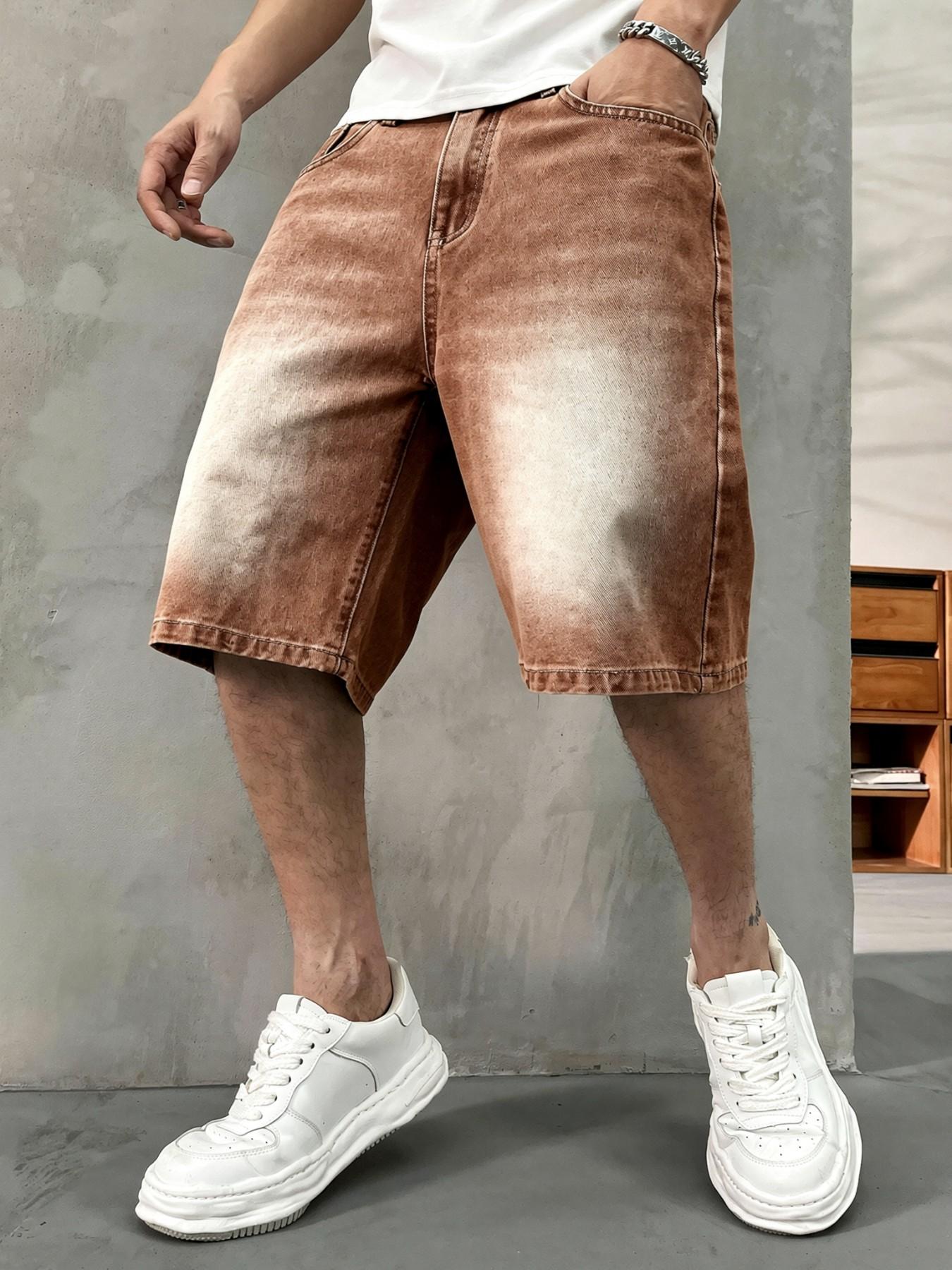Men's washed retro color denim shorts, trendy, versatile, loose straight-leg casual streetwear denim five-point pants