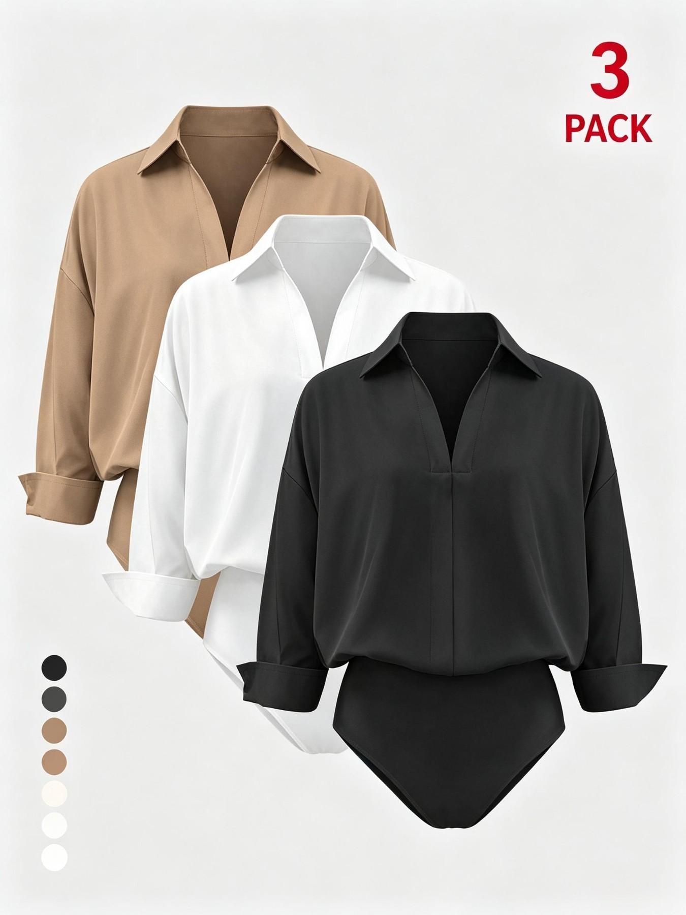 2026 3-Pack Spring Old Money Collared V-Neck Long Sleeve Bodysuit, Slim Waist Figure Flattering Work Shirt, Office Casual Women's Top