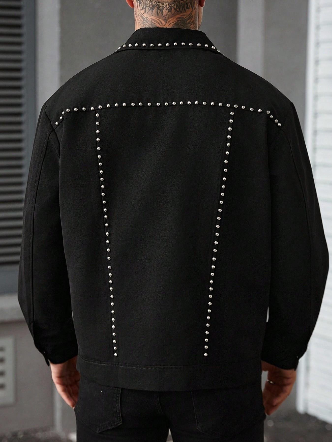 Men's Rivet Decorated Collar Work Jacket, Punk Street Style, Metal Rivets, Button Front, Pockets, Long Sleeve, Fall & Winter