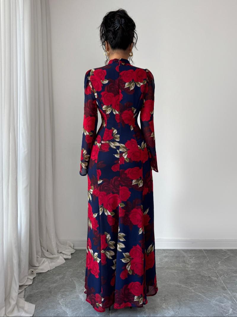 Fashion Elegant Floral Print Stand Collar Tie Waist Long Dress, Fitted Long Sleeve, Fall Season, Women's Clothing