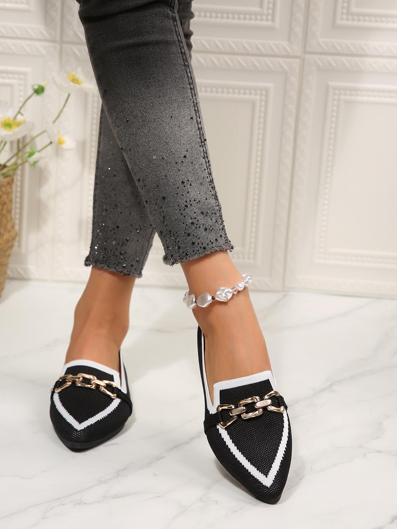 1 Pair Women's  Colorblock Knit Pointed Toe Metal Buckle Flat Loafers, Minimalist Commute Style Breathable Slip-On Shoes, Versatile Elegant Comfortable Professional Footwear for Office Work