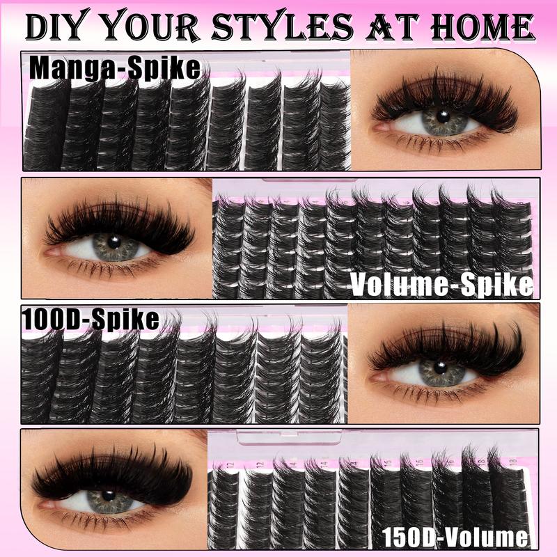 887 Pcs 4 Styles Lashes Kit 100D/150D/Manga/Volume Fluffy Eyelash Clusters Kit 10-18mm Cluster Eyelash Extension Kit D-Curl With Lash Bond and Seal*2, Lash Remover，Lash Tweezers,Eyelash Brush DIY at Home Easily