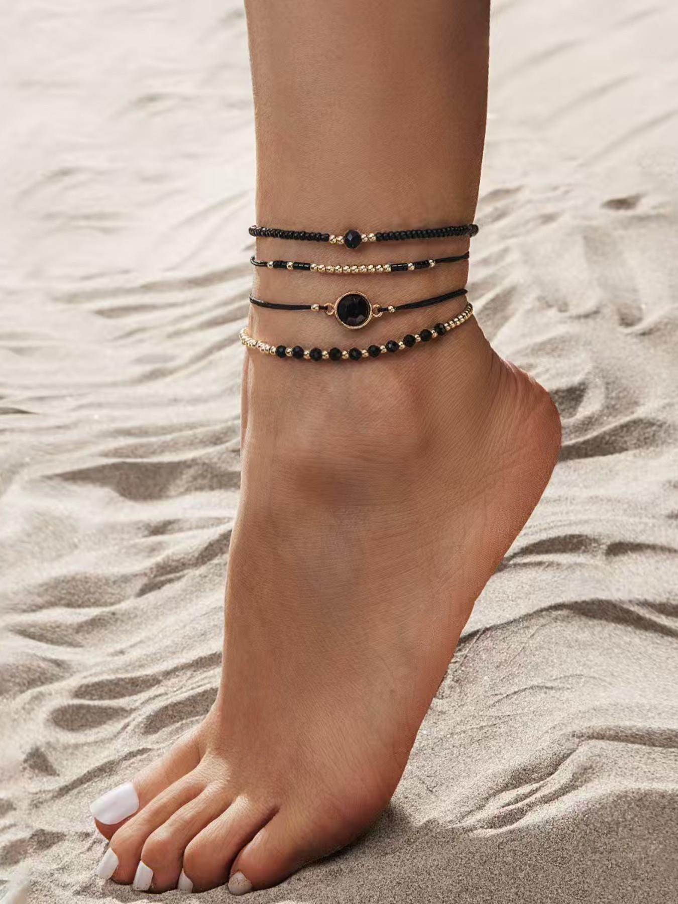 Elegant Geometric Beaded Ankle Bracelet Set, 4-Piece Stretchy Layered Foot Jewelry, Plain Copper Chain, All Seasons Accessory