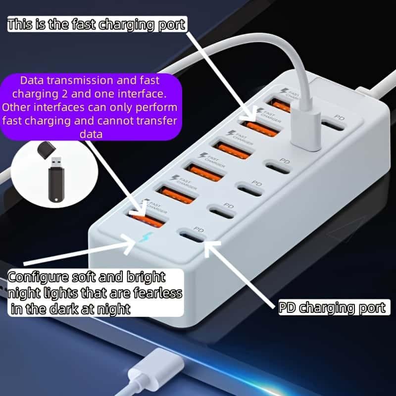 12-In-1 66w Fast Charging Station, 6 USB Ports + 6 Type-C PD Fast Charge Ports, Compatible with iPhone, Macbook, Laptop, Phone, Tablet, Game Console