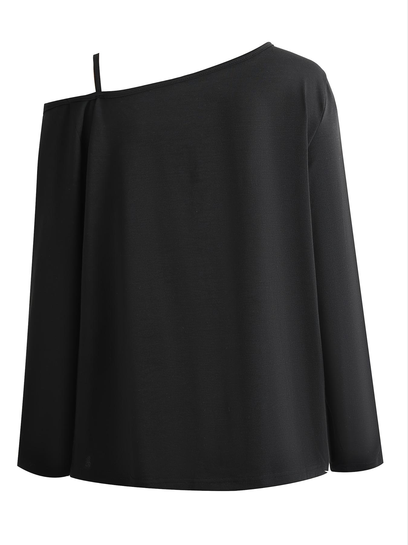 Plus Size Women's Loose-Fit Long Sleeve Cami Top, Asymmetrical Neckline, Letter Print, All Seasons, Sizes 1-8xl