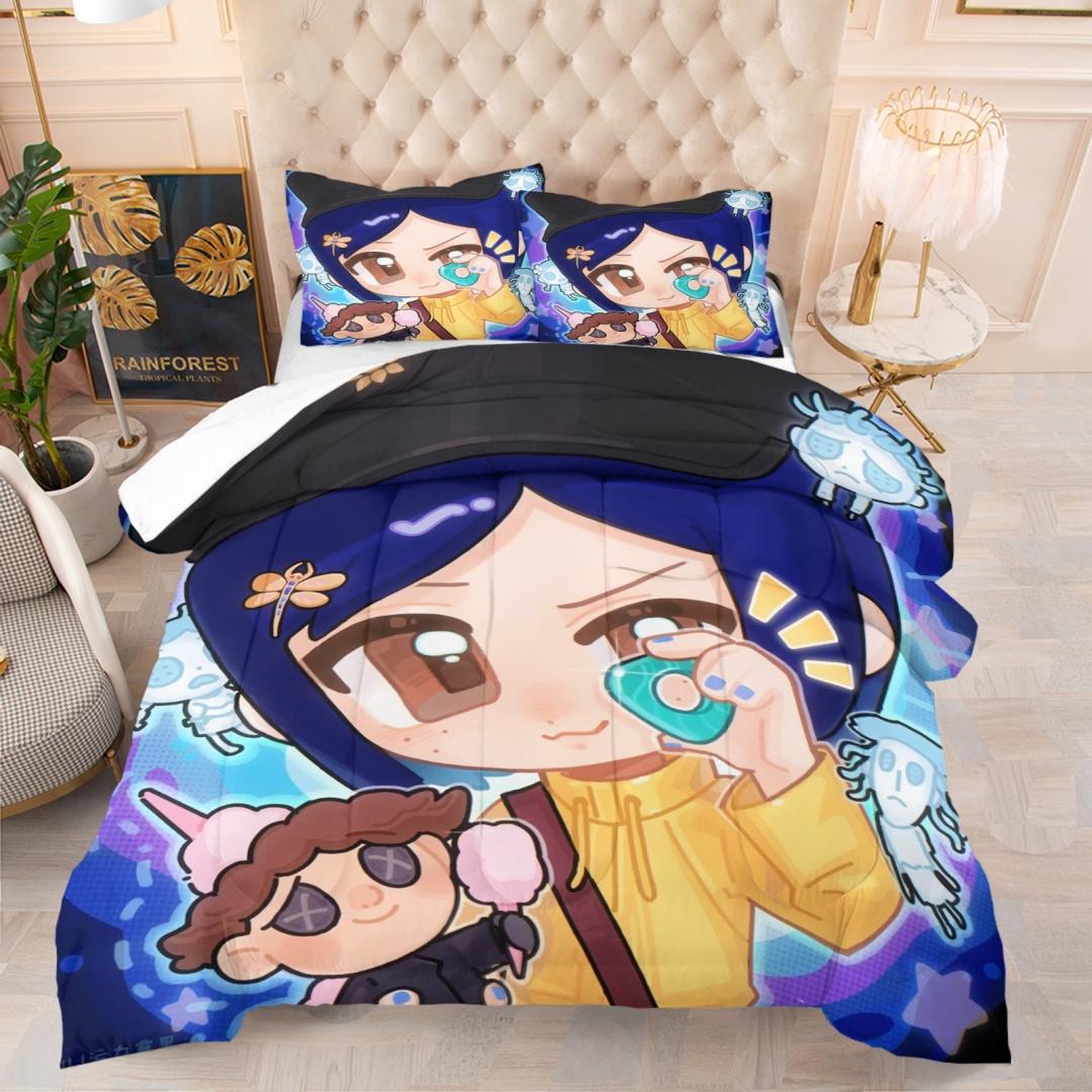 Coraline Pattern Bedding Set, Includes 1 Quilt and 1 or 2 Pillowcases Without Pillows, Soft Kids and Adult Bedroom Gift