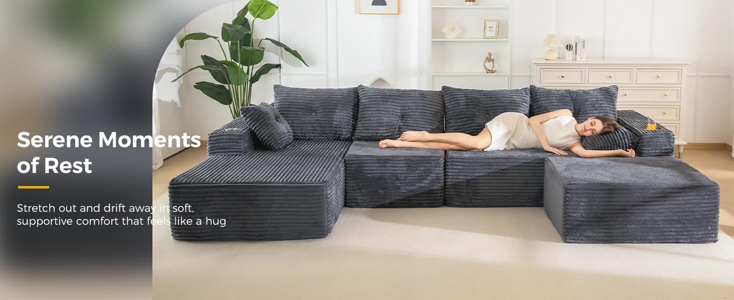 [3 Packs Shipped] MAXYOYO 131.6" Large U-Shaped Sectional Sofa,  Modern Boneless Couch for Living Room, Sofa in A Box, Oversized Sofa Sleeper with Deep Seat, Convertible Corduroy Sectional Sofa, No Assembly Required