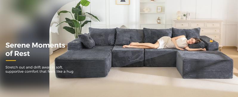 [3 Packs Shipped] MAXYOYO 131.6" Large U-Shaped Sectional Sofa,  Modern Boneless Couch for Living Room, Sofa in A Box, Oversized Sofa Sleeper with Deep Seat, Convertible Corduroy Sectional Sofa, No Assembly Required